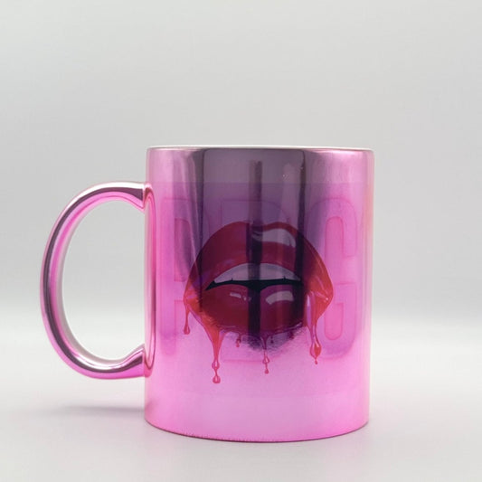 tazza in ceramica rosa specchio con disegno labbra Glamour Bomb